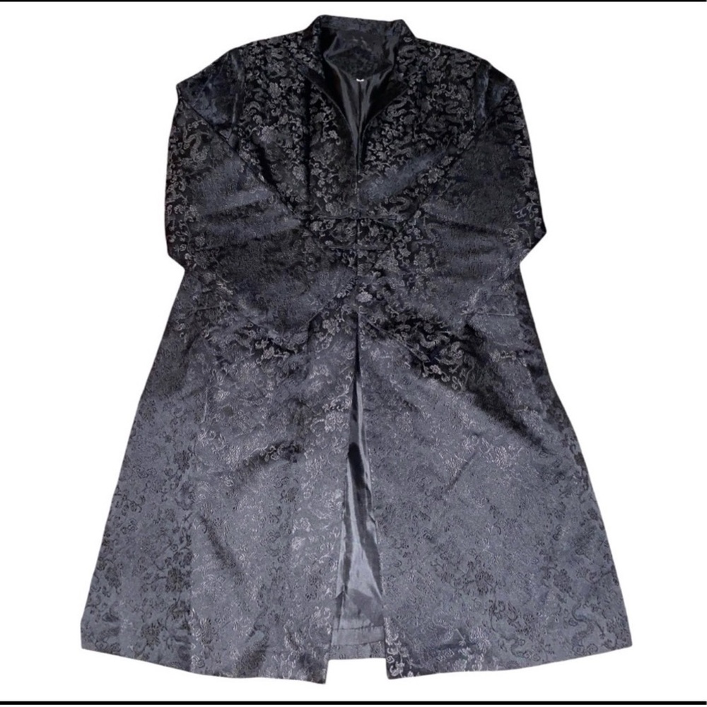 Black Floral Embroidered Silk Midi Length Coat Size L